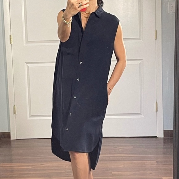 Frame blue silk navy sleeveless shirt dress button down - Picture 8 of 11